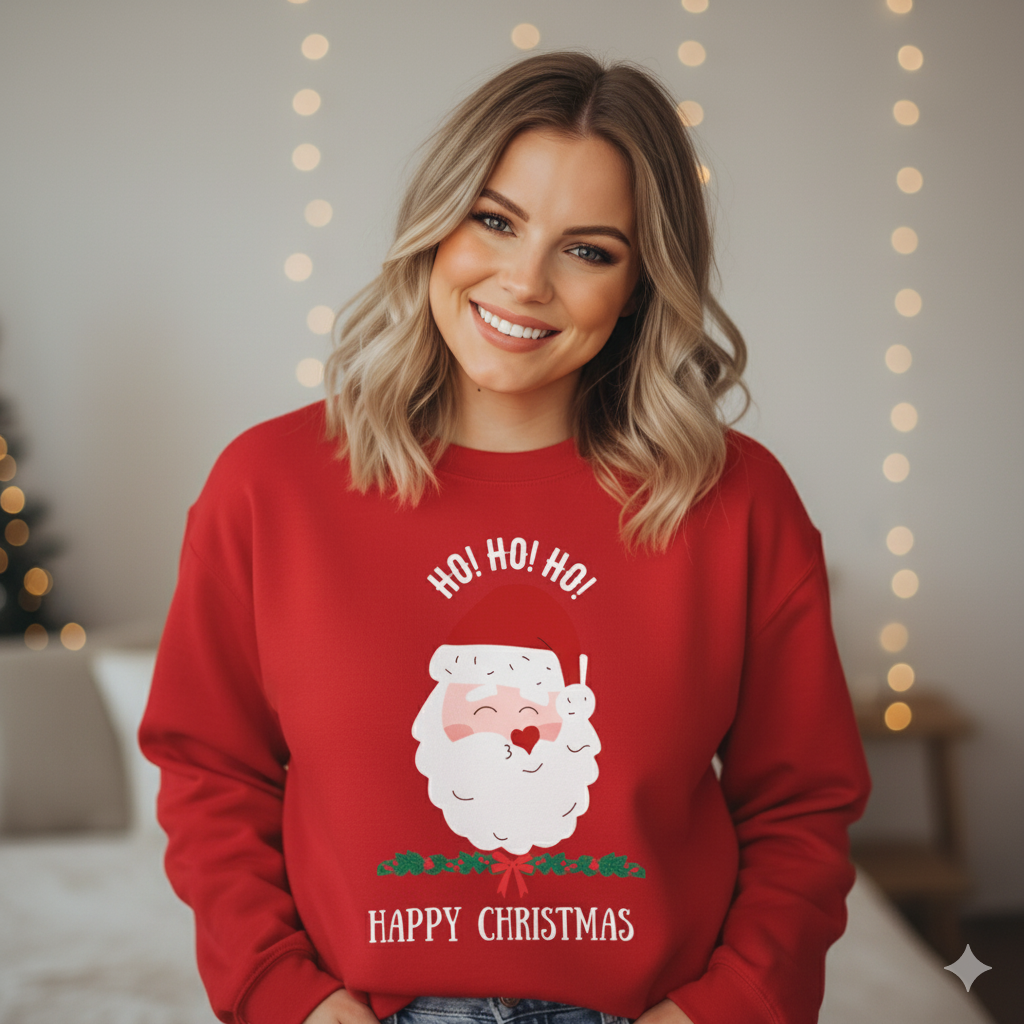 blonde woman wearing red shirt of christmas santa on it